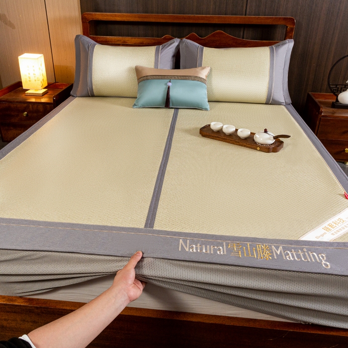 91家纺网 家纺一手货源 找家纺 卡罗兰 2025新款藤席凉席三件套床单床笠黄金藤系列 黄金藤香槟金-床笠