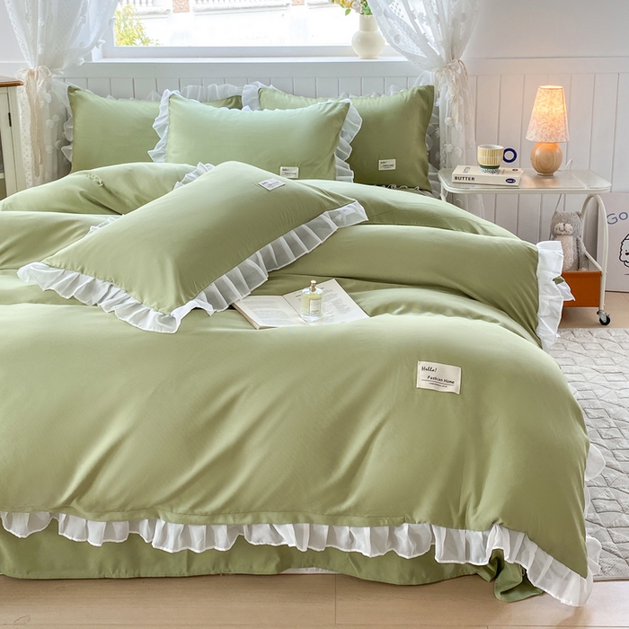 91家纺网 家纺一手货源 找家纺 红日子纺织品 2025新款韩版华夫格水洗棉四件套 果绿