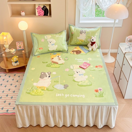 91家纺网 家纺一手货源 找家纺 慕尚2025新款大板卡通冰丝席三件套 油墨画狗狗