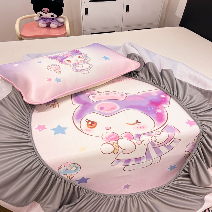 91家纺网 家纺一手货源 找家纺 暮思家居 2025新款正版授权A类大版数码印花三丽鸥可机洗1200D冰丝凉席可组合针织棉夏被四件套床笠款 床笠款-炫彩库洛米