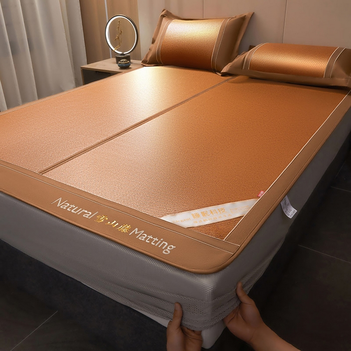 91家纺网 家纺一手货源 找家纺 卡罗兰 2025新款藤席凉席三件套床单床笠黄金藤系列 黄金藤经典咖-床笠