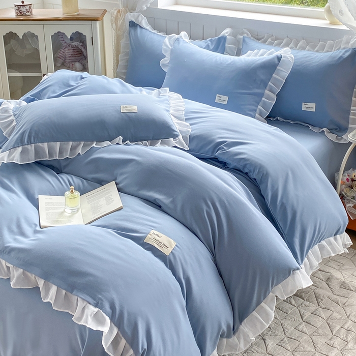 91家纺网 家纺一手货源 找家纺 红日子纺织品 2025新款韩版华夫格水洗棉四件套 冰峰蓝