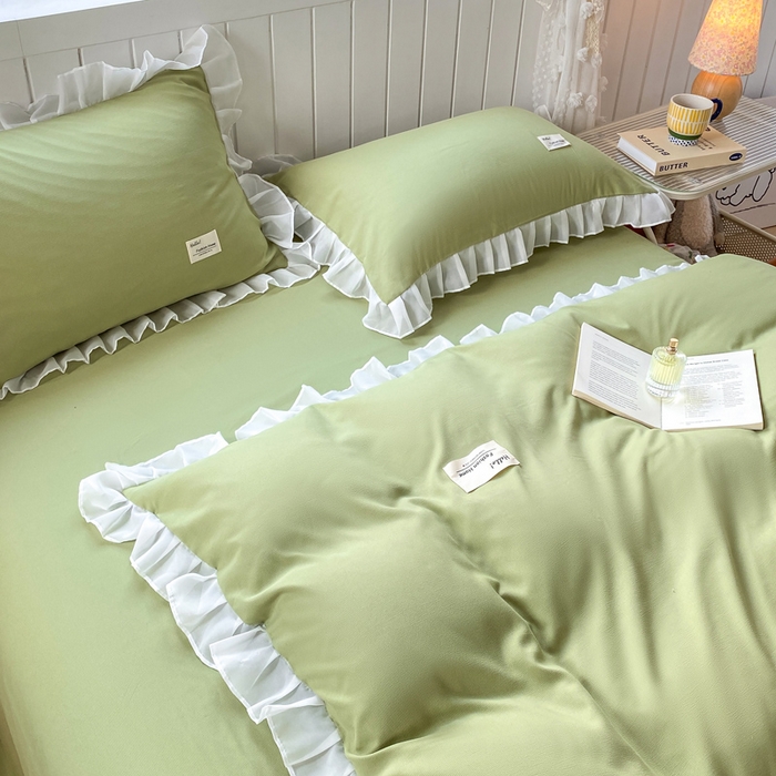 91家纺网 家纺一手货源 找家纺 红日子纺织品 2025新款韩版华夫格水洗棉四件套 果绿