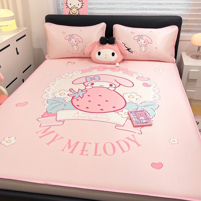 91家纺网 家纺一手货源 找家纺 暮思家居 2025新款正版授权A类大版数码印花三丽鸥可机洗1200D冰丝凉席可组合针织棉夏被四件套床笠款 床笠款-粉兔美乐蒂