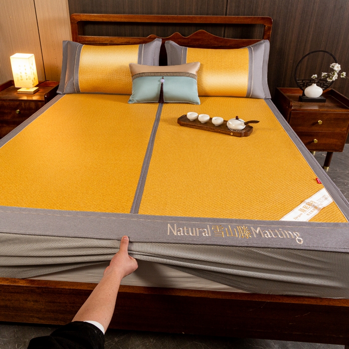 91家纺网 家纺一手货源 找家纺 卡罗兰 2025新款藤席凉席三件套床单床笠黄金藤系列 黄金藤小麦黄-床笠