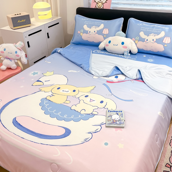 91家纺网 家纺一手货源 找家纺 暮思家居 2025新款正版授权A类大版数码印花三丽鸥可机洗1200D冰丝凉席可组合针织棉夏被四件套床笠款 床笠款-天使大耳狗