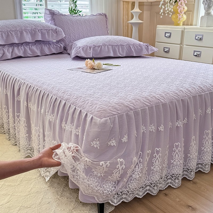 91家纺网 家纺一手货源 找家纺 花香四季家纺 2025新款夹棉绗缝床裙单件三件套法式四件套套件蕾丝公主风 紫色