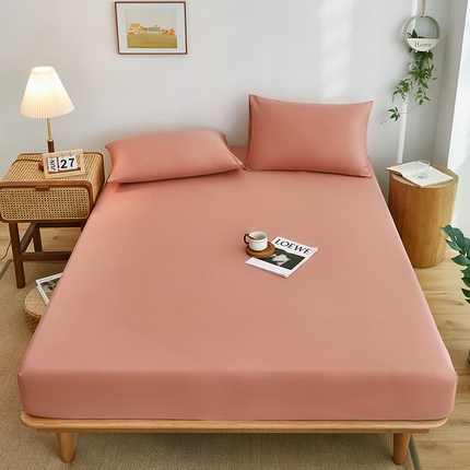 91家纺网 家纺一手货源 找家纺 艾橙家纺 2025新款正宗133x72喷气织造全棉纯棉纯色床笠三件套 豆沙