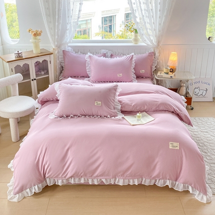 红日子纺织品 2025新款韩版华夫格水洗棉四件套 蜜桃粉