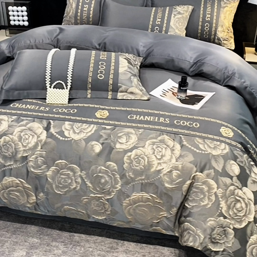 91家纺网 家纺一手货源 找家纺 富宁2025新款浮雕金丝提花刺绣四件套-恋花 曜石灰