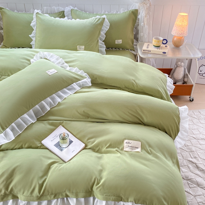 91家纺网 家纺一手货源 找家纺 红日子纺织品 2025新款韩版华夫格水洗棉四件套 果绿