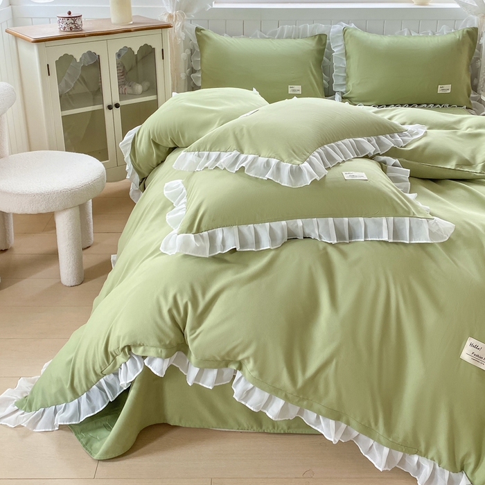 91家纺网 家纺一手货源 找家纺 红日子纺织品 2025新款韩版华夫格水洗棉四件套 果绿