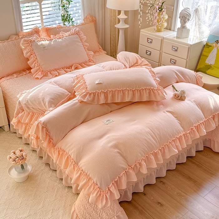 91家纺网 家纺一手货源 找家纺 花香四季家纺 2025新款泡芙小姐双层纱华夫格柔棉夹棉绗缝床盖单件三件四件套 泡芙小姐-玉