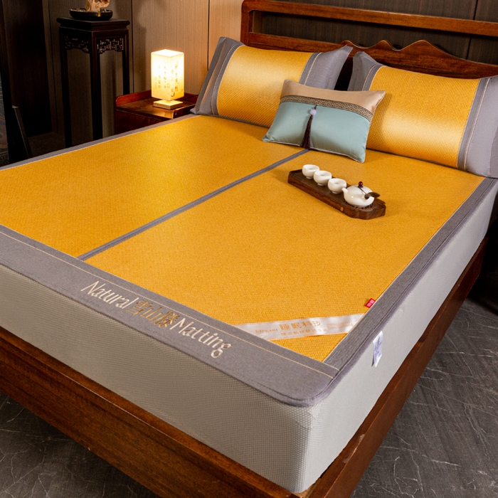 91家纺网 家纺一手货源 找家纺 卡罗兰 2025新款藤席凉席三件套床单床笠黄金藤系列 黄金藤小麦黄-床笠