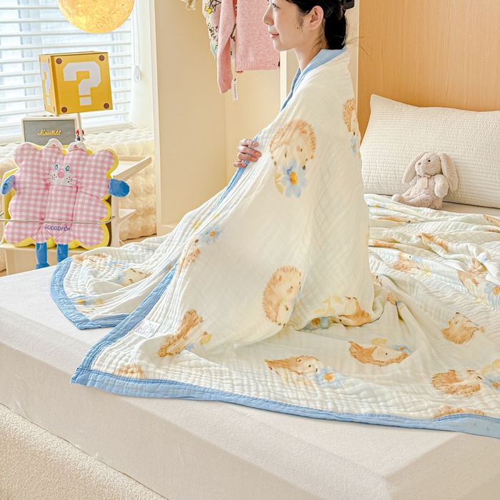 91家纺网 家纺一手货源 找家纺 乐家毛巾被2025新款全棉六层一体超柔泡泡纱多功能毯 小刺猬