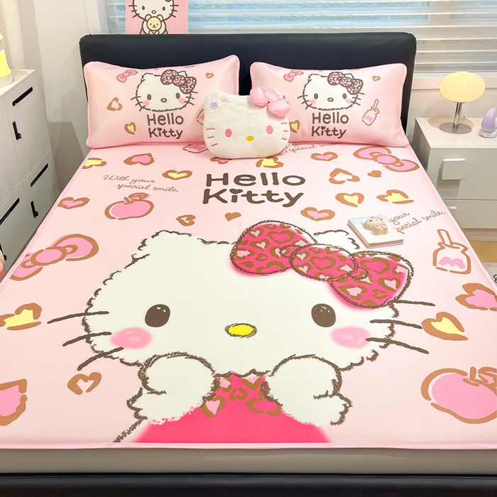 91家纺网 家纺一手货源 找家纺 暮思家居 2025新款正版授权A类大版数码印花三丽鸥可机洗1200D冰丝凉席可组合针织棉夏被四件套床笠款 床笠款-豹纹KT猫