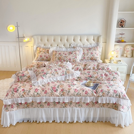 91家纺网 家纺一手货源 找家纺 （总）宜凡家纺2025新款雪纺花边印花夹棉床盖三件套四件套