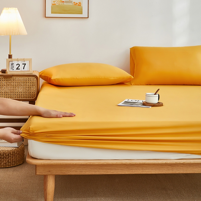 91家纺网 家纺一手货源 找家纺 艾橙家纺 2025新款正宗133x72喷气织造全棉纯棉纯色床笠三件套 香槟黄