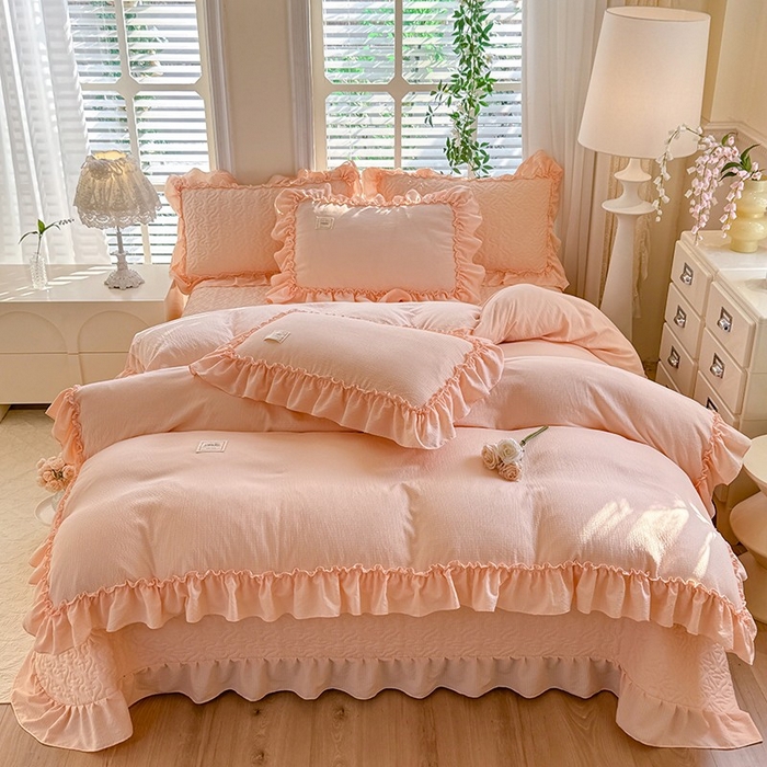 91家纺网 家纺一手货源 找家纺 花香四季家纺 2025新款泡芙小姐双层纱华夫格柔棉夹棉绗缝床盖单件三件四件套 泡芙小姐-玉