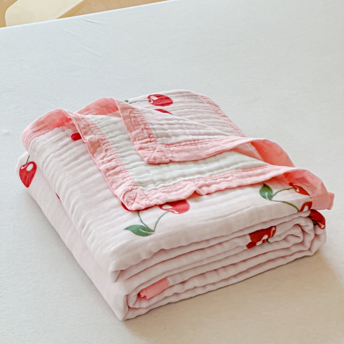 91家纺网 家纺一手货源 找家纺 乐家毛巾被2025新款全棉六层一体超柔泡泡纱多功能毯 小樱桃
