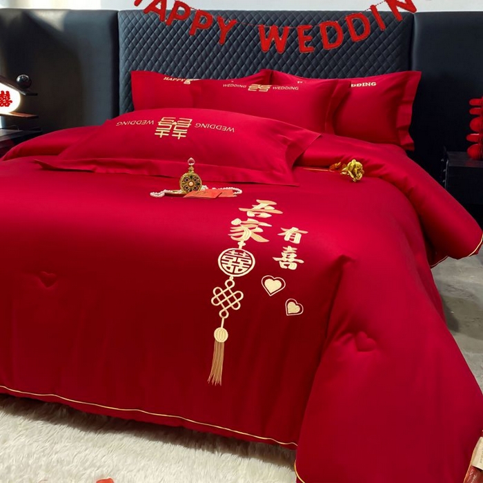 91家纺网 家纺一手货源 找家纺 2025新款婚庆刺绣整张大豆棉喜被被子被芯 家有喜事