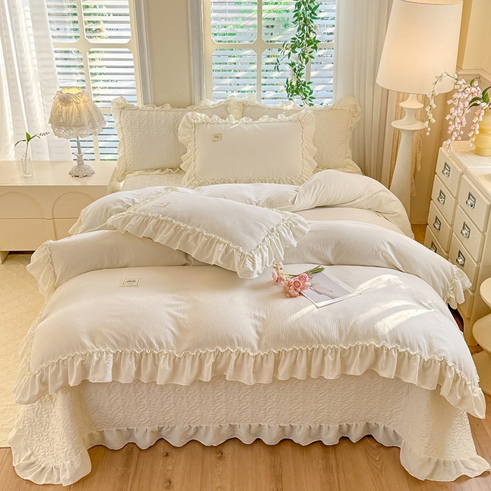 91家纺网 家纺一手货源 找家纺 花香四季家纺 2025新款泡芙小姐双层纱华夫格柔棉夹棉绗缝床盖单件三件四件套 泡芙小姐-米