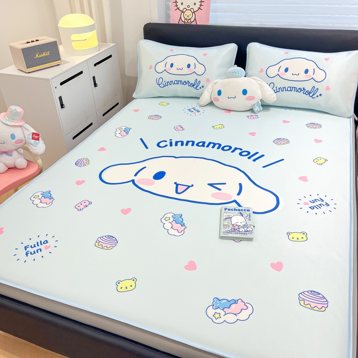 91家纺网 家纺一手货源 找家纺 暮思家居 2025新款正版授权A类大版数码印花三丽鸥可机洗1200D冰丝凉席可组合针织棉夏被四件套床笠款 床笠款-开心玉桂狗