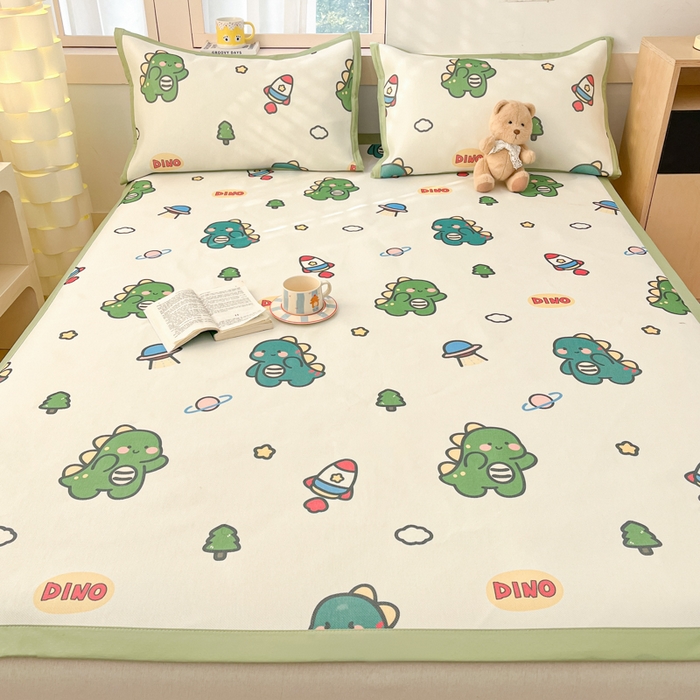 91家纺网 家纺一手货源 找家纺 绒艺席业 2025新款600D冰丝印花数码印花冰藤席卡通小清新系列 恐龙乐园