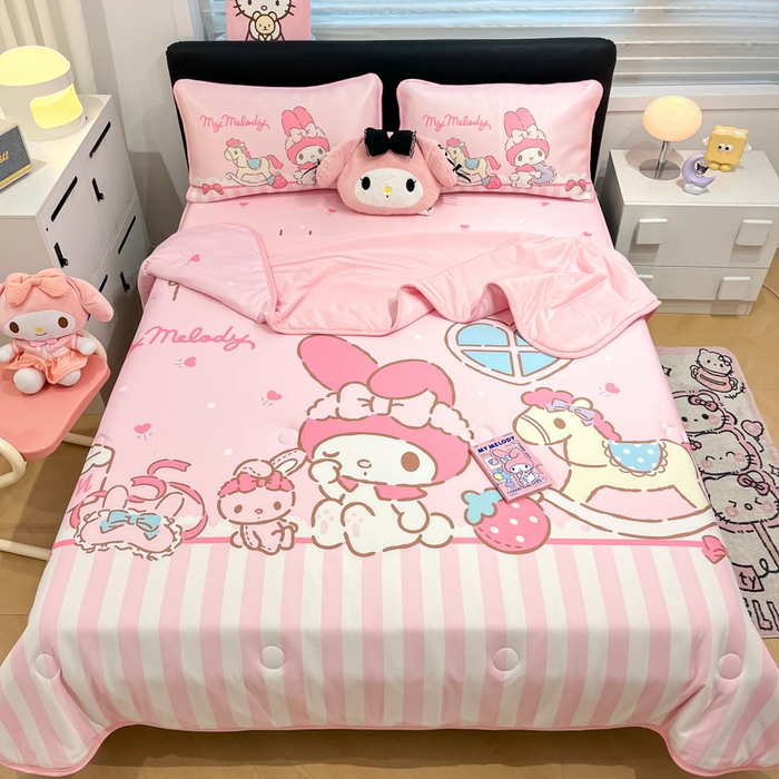 91家纺网 家纺一手货源 找家纺 暮思家居 2025新款正版授权A类大版数码印花三丽鸥可机洗1200D冰丝凉席可组合针织棉夏被四件套床笠款 床笠款-条纹美乐蒂