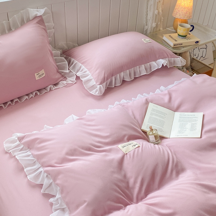 91家纺网 家纺一手货源 找家纺 红日子纺织品 2025新款韩版华夫格水洗棉四件套 蜜桃粉