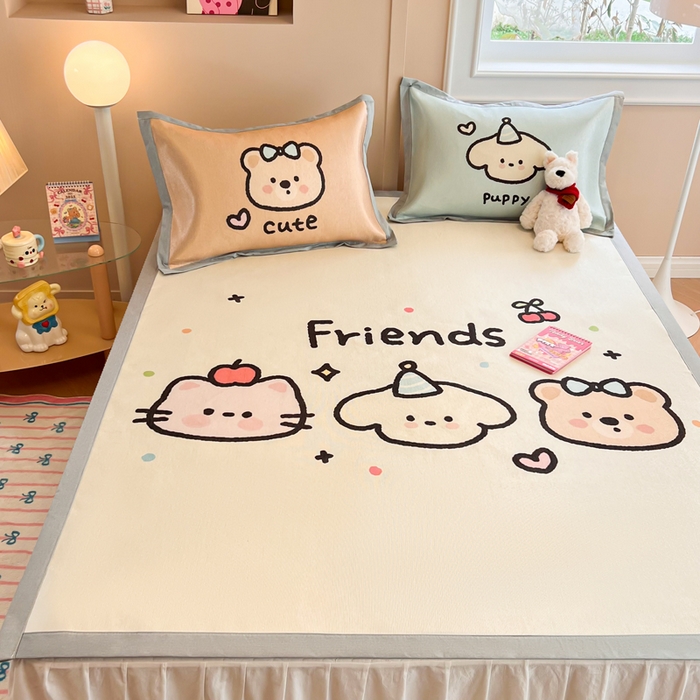 91家纺网 家纺一手货源 找家纺 慕尚2025新款大板卡通冰丝席三件套 3个好朋友