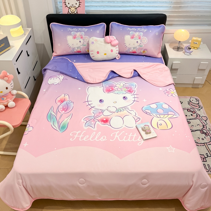 91家纺网 家纺一手货源 找家纺 暮思家居 2025新款正版授权A类大版数码印花三丽鸥可机洗1200D冰丝凉席可组合针织棉夏被四件套床笠款 床笠款-梦幻KT