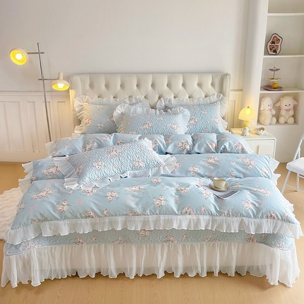 宜凡家纺2025新款雪纺花边印花夹棉床盖三件套四件套 江南 蓝