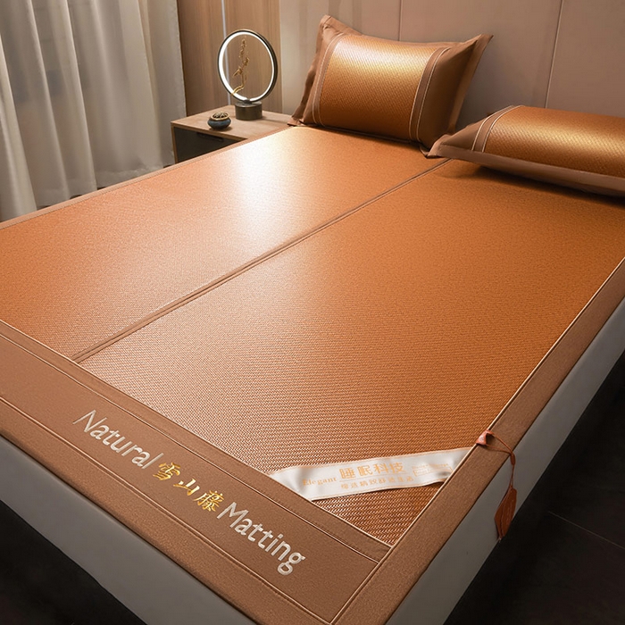 91家纺网 家纺一手货源 找家纺 卡罗兰 2025新款藤席凉席三件套床单床笠黄金藤系列 黄金藤经典咖-床席