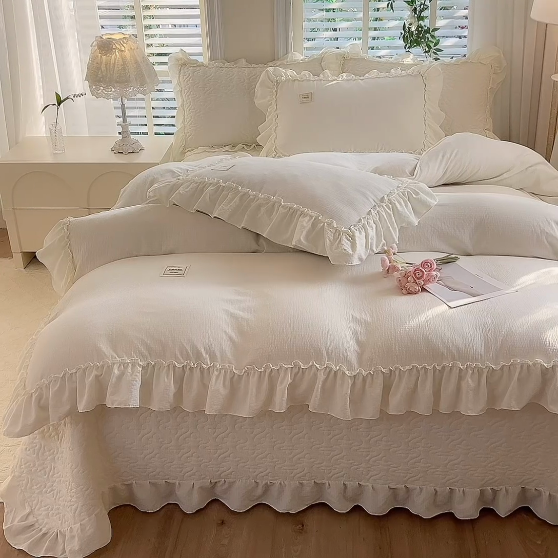 91家纺网 家纺一手货源 找家纺 （总）花香四季家纺 2025新款泡芙小姐双层纱华夫格柔棉夹棉绗缝床盖单件三件四件套