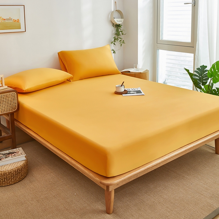 91家纺网 家纺一手货源 找家纺 艾橙家纺 2025新款正宗133x72喷气织造全棉纯棉纯色床笠三件套 香槟黄