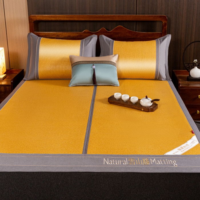 91家纺网 家纺一手货源 找家纺 卡罗兰 2025新款藤席凉席三件套床单床笠黄金藤系列 黄金藤小麦黄-床席