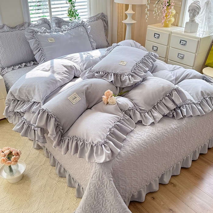 91家纺网 家纺一手货源 找家纺 花香四季家纺 2025新款泡芙小姐双层纱华夫格柔棉夹棉绗缝床盖单件三件四件套 泡芙小姐-灰