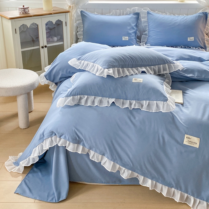 91家纺网 家纺一手货源 找家纺 红日子纺织品 2025新款韩版华夫格水洗棉四件套 冰峰蓝