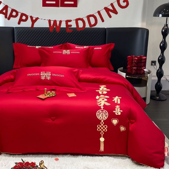 91家纺网 家纺一手货源 找家纺 2025新款婚庆刺绣整张大豆棉喜被被子被芯 家有喜事