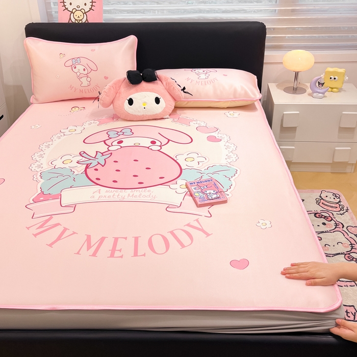 91家纺网 家纺一手货源 找家纺 暮思家居 2025新款正版授权A类大版数码印花三丽鸥可机洗1200D冰丝凉席可组合针织棉夏被四件套床笠款 床笠款-粉兔美乐蒂