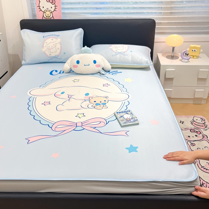 91家纺网 家纺一手货源 找家纺 暮思家居 2025新款正版授权A类大版数码印花三丽鸥可机洗1200D冰丝凉席可组合针织棉夏被四件套床笠款 床笠款-幸福大耳狗