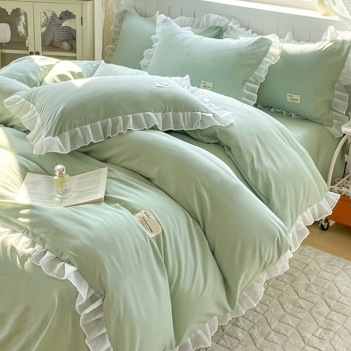 91家纺网 家纺一手货源 找家纺 红日子纺织品 2025新款韩版华夫格水洗棉四件套 亚麻绿