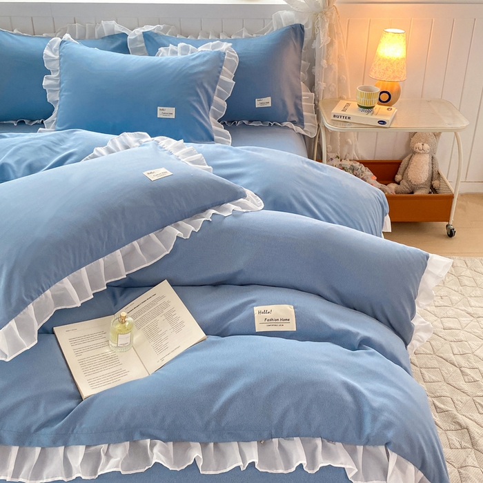 91家纺网 家纺一手货源 找家纺 红日子纺织品 2025新款韩版华夫格水洗棉四件套 冰峰蓝