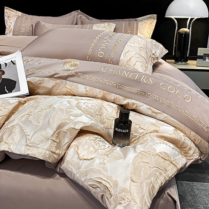 91家纺网 家纺一手货源 找家纺 富宁2025新款浮雕金丝提花刺绣四件套-恋花 麦穗咖