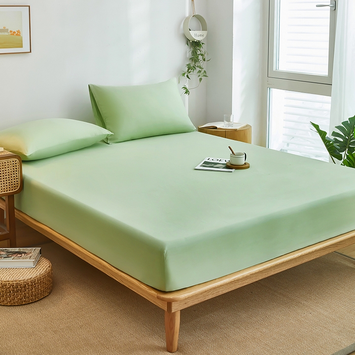 91家纺网 家纺一手货源 找家纺 艾橙家纺 2025新款正宗133x72喷气织造全棉纯棉纯色床笠三件套 抹茶绿