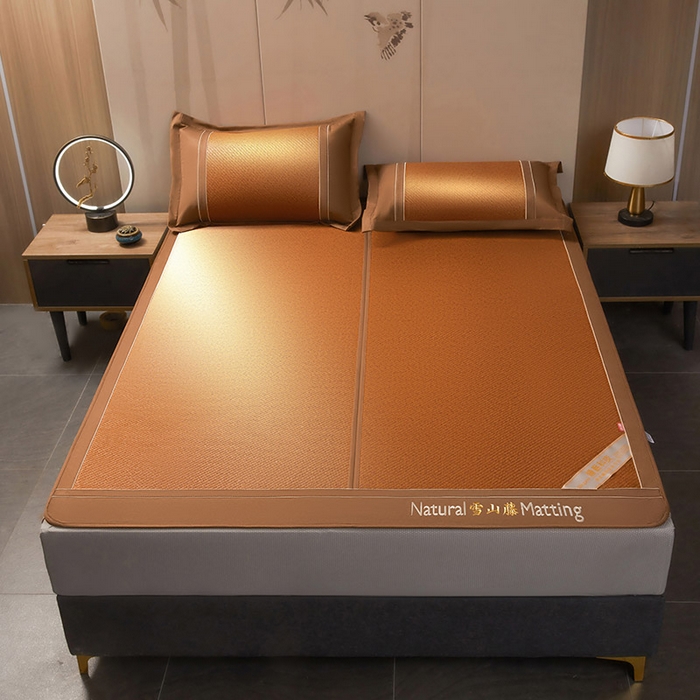 91家纺网 家纺一手货源 找家纺 卡罗兰 2025新款藤席凉席三件套床单床笠黄金藤系列 黄金藤经典咖-床笠