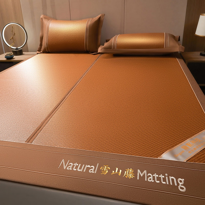 91家纺网 家纺一手货源 找家纺 卡罗兰 2025新款藤席凉席三件套床单床笠黄金藤系列 黄金藤经典咖-床席