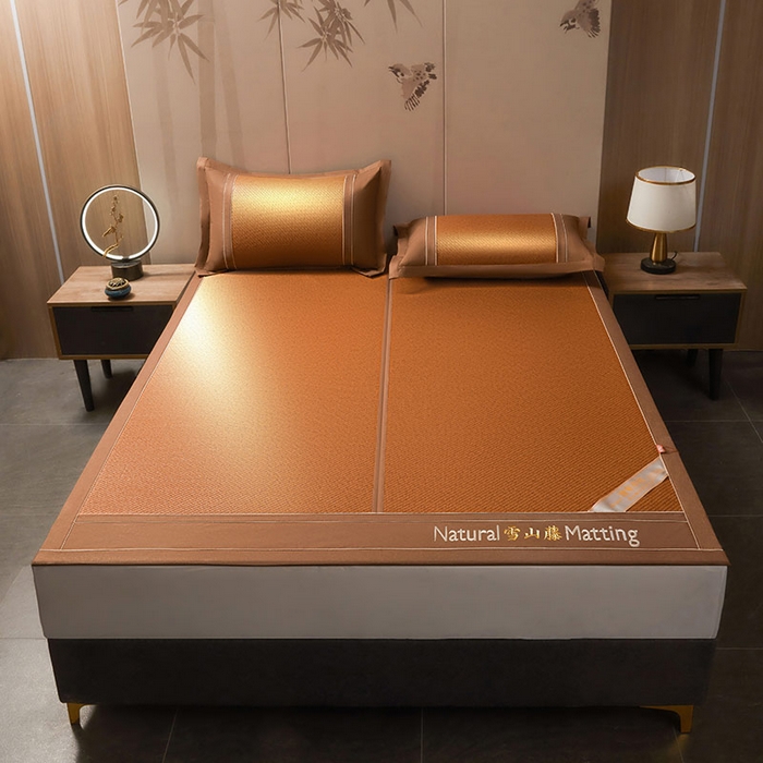 91家纺网 家纺一手货源 找家纺 卡罗兰 2025新款藤席凉席三件套床单床笠黄金藤系列 黄金藤经典咖-床席