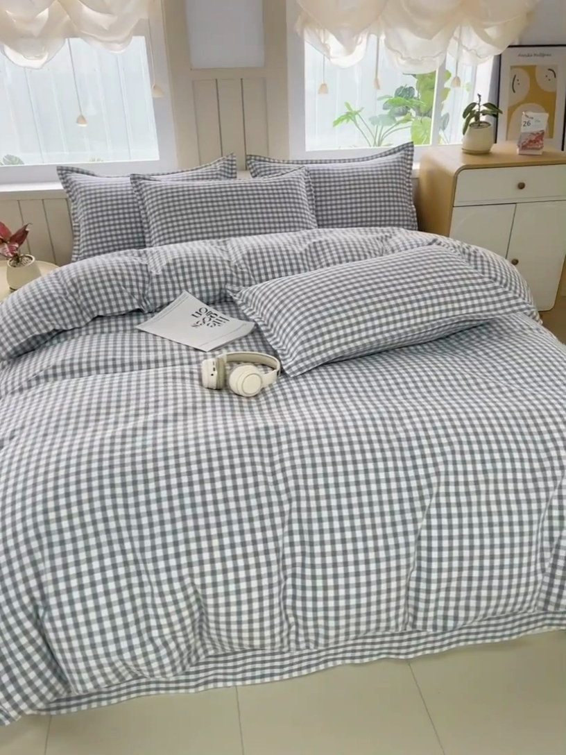 91家纺网 家纺一手货源 找家纺 2025新款全棉色织老粗布四件套 淡墨